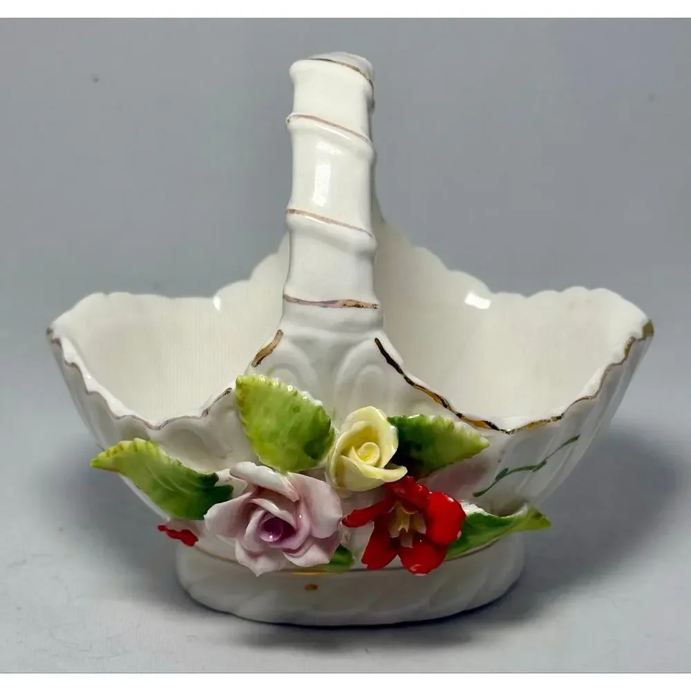 Vintage ARDCO Taiwan Porcelain Flower Basket Applied Roses Gold Trim 5 Inch